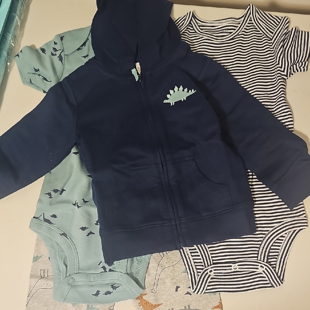 4 Piece Set Navy Blue Dinosaur Hoodie for Kids, Pants, 2 Onesies